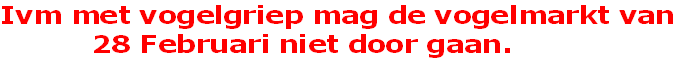 Ivm met vogelgriep mag de vogelmarkt van
          28 Februari niet door gaan. 